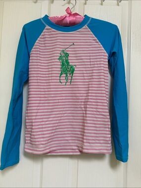 Ralph Lauren Pink & White Striped Rash Guard with Blue Sleeves